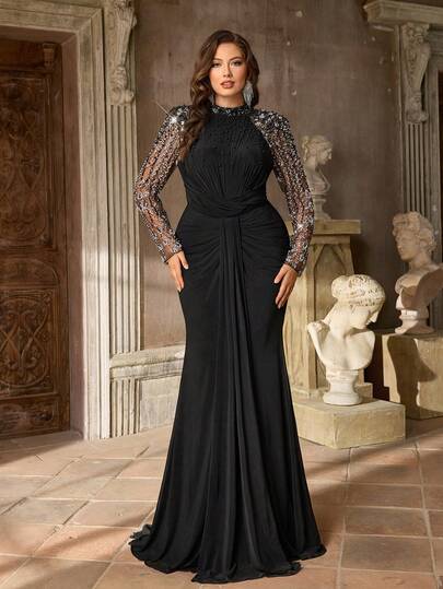 Serin Plus Size Elegant Luxurious Coffee Beaded Embroidered Sequin Floral Sheer Sleeve Splice Elastic Knit Ruched Fishtail Skirt, Suitable For Wedding, Party, Holiday, Bridal, Mother Of The Bride, Evening Gown