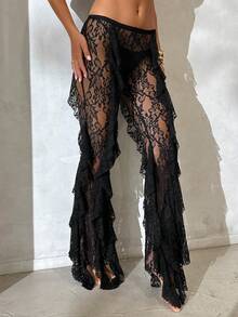 Aloruh 女士西部风喇叭裤，低腰修身Y2K喇叭裤，秋冬款 - 黑色 - 查看 4