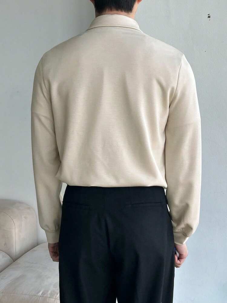 Men's Apricot Printed Half-Placket Long Sleeve Polo Shirt, Summer