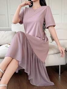 DAZY Women's Elegant Patchwork Ruffle Trim Round Neck Midi Dress Wedding Guest Dress - Purple - View 8