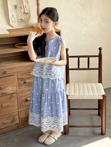 DAZY Tween Girls' Summer Vacation Embroidered Sleeveless Shirt And Mini Skirt Set - Blue - View 1