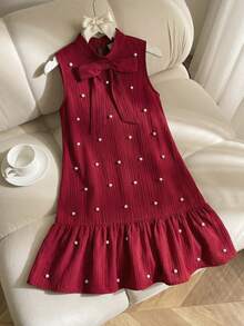 SHEIN Serisse Kids Girls Textured Fabric Beaded Bow Decor Mandarin Collar Sleeveless A-Line Dress, Tween Girl - Burgundy - View 5