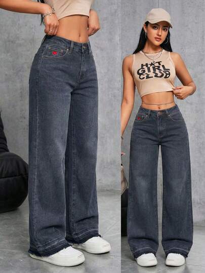 Pantalón femenino casual tipo jeans wide leg de tiro alto con costuras reforzadas y acabado resistente ajuste holgado sin cuello sin mangas primavera verano uso diario pantalón