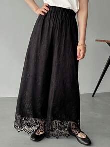 FRIFUL Women's Elastic Waist Full Lace Wide Leg Pants - Black - View 6