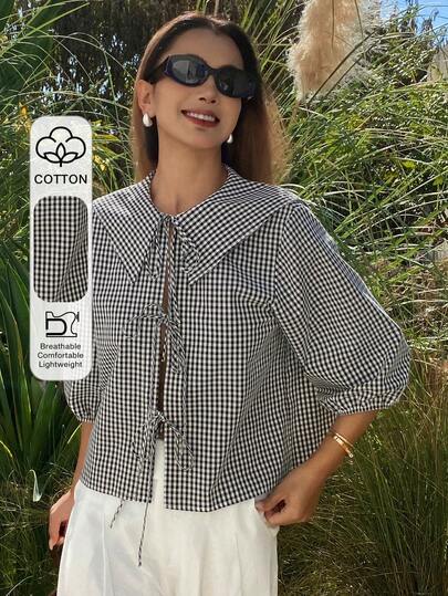 Livesso Top corto holgado informal con bloqueo de color a cuadros, diseño con cordón de atar, cuello azul marino, manga 3/4, de moda para primavera, verano, otoño