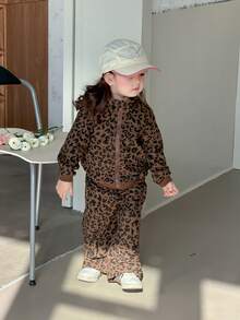 DAZY 2 st set med leopardmönster, tröja och lösa byxor för babyflickor, vår/höst - Brun - Visa 3