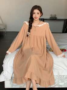 DAZY Sweet Polka Dot Chiffon Fabric Contrast Ruffle Trim Loose Fit Navy Collar Women Nightgown - Khaki - View 10