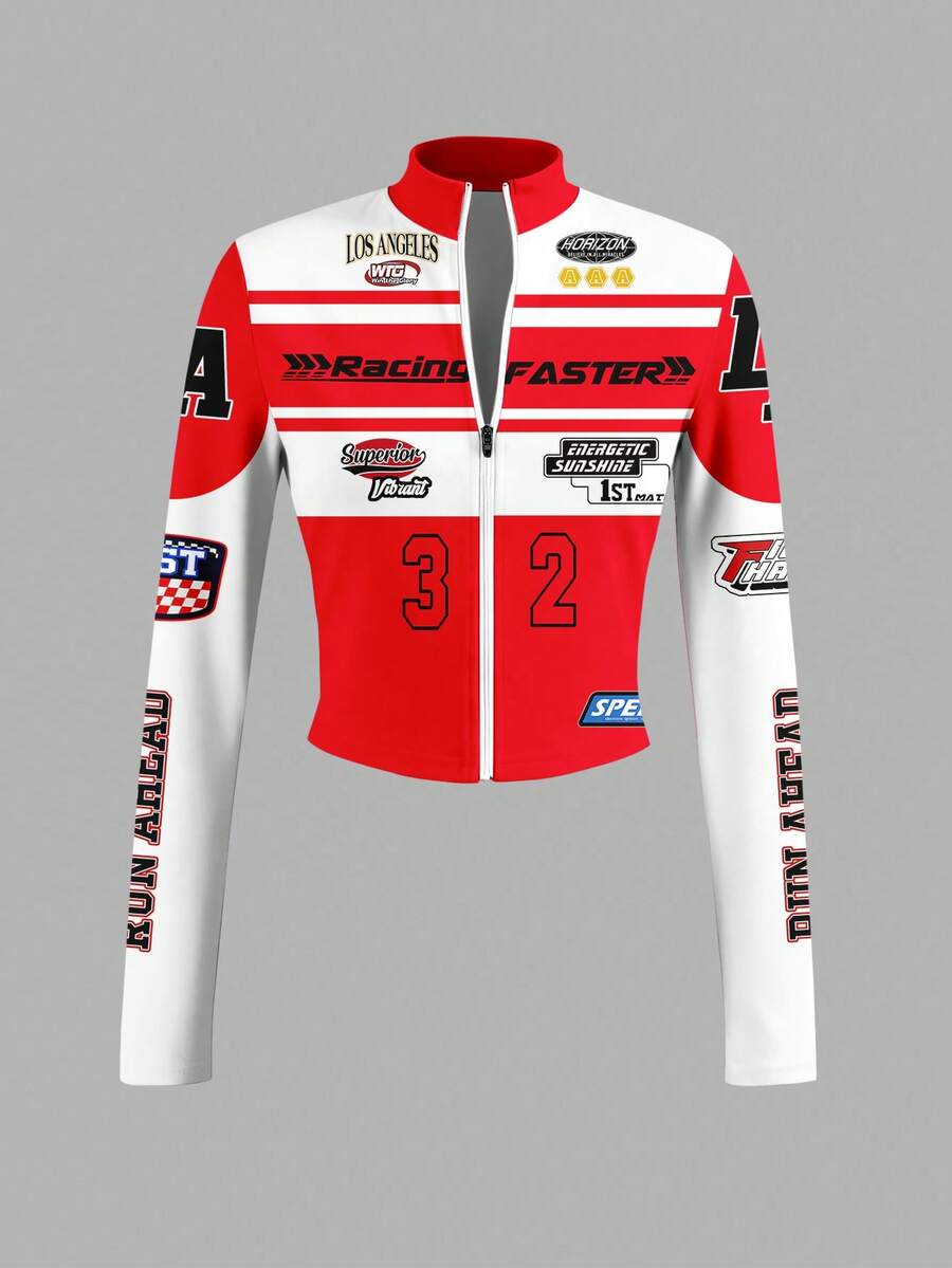 Slaydiva 简约休闲女式秋冬弹力豹纹T恤，半领拉链，V领，紧身长袖 - E - 紅白色 - 查看 1