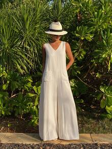 DAZY Bộ jumpsuit không tay cổ chữ V thanh lịch có túi, dáng rộng, phù hợp cho mùa xuân và mùa thu, dành cho nữ. - trắng - Xem 7