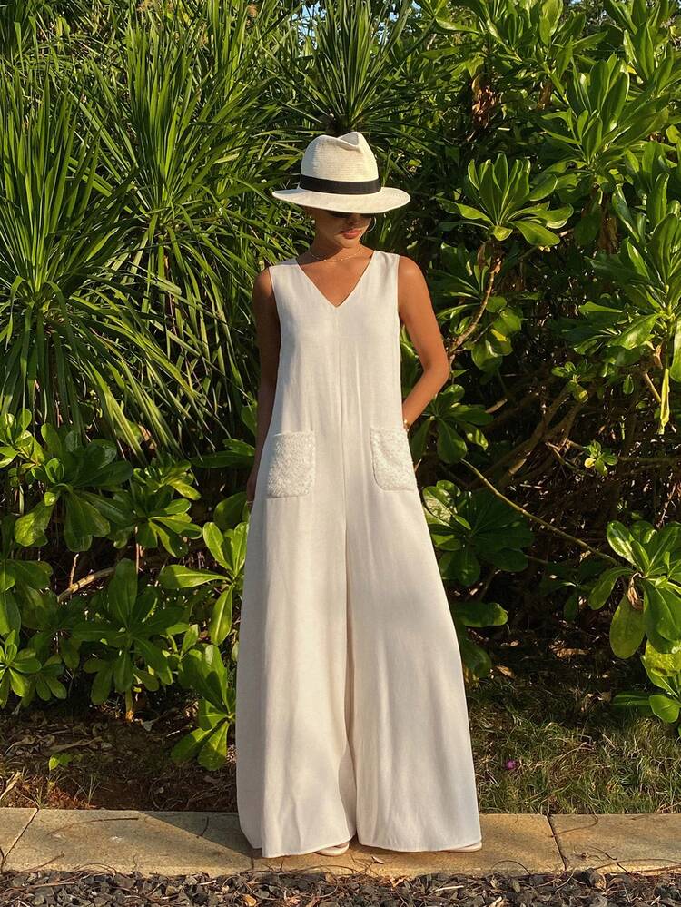 Elegant Sleeveless V-Neck Jumpsuit With Pockets, Loose Fit, Suitable For Spring & Autumn, Women Jumpsuit For Women Lounge Sets For Women