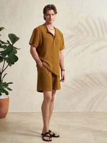 Airaco 男士纯色短袖衬衫和斜插口袋短裤夏季套装 - 卡其色 - 查看 4