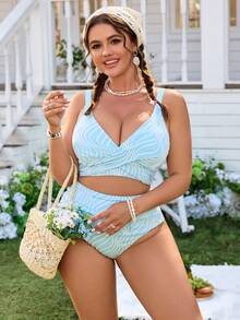 Swim Mod Elegant Plus Size Knitted Fabric Textured Multicolor Long Plunge Neck High Waist Bikini - Multicolor - View 5