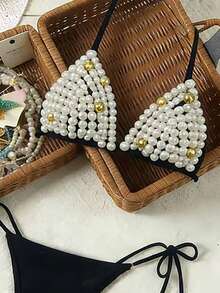 Sirith 女士新款仿珍珠系带贝壳比基尼泳衣 - 黑色 - 查看 3