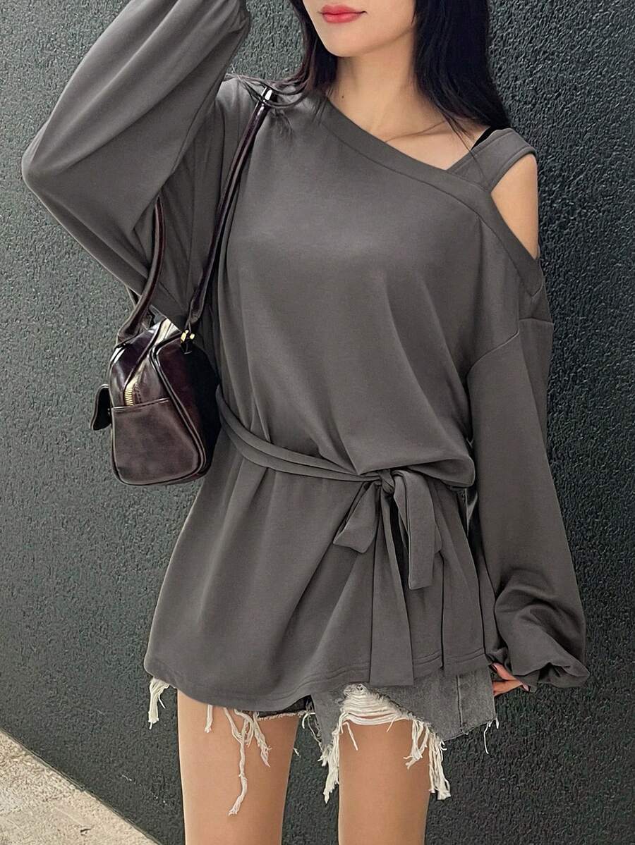 FRIFUL Damska koszulka z długim rękawem, asymetrycznym krojem i luźnym krojem w jednolitym kolorze z paskiem - Szary - Zobacz 1