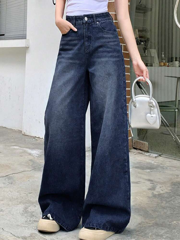 Women's Casual Everyday Commute Fashion Distressed Wide Leg Loose Fit Blue Jeans