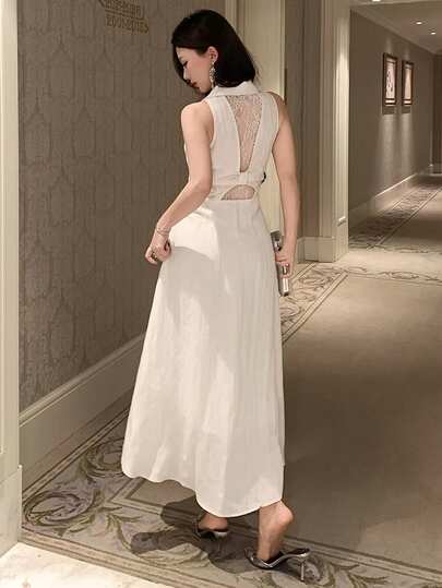 DAZY 女士方领无袖收腰长款休闲连衣裙