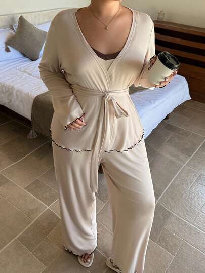 Dazy Plus 3pcs Casual Solid Color Camisole, Cardigan, And Drawstring Long Pants Sleepwear Set, Plus Size Women, Spring/Autumn