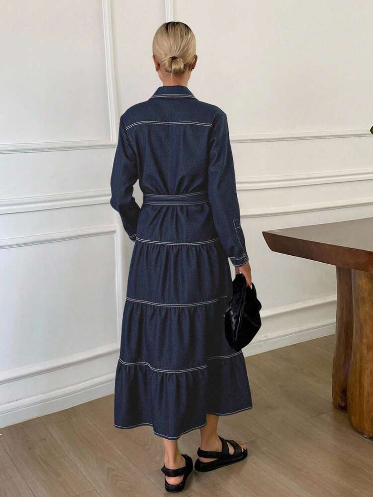 Spring Women's Elegant Washed Pocket Belt A-Line Denim Dress Maxi Dress