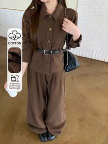 DAZY Women's Casual Solid Color Pocket Jacket And Wide Leg Jeans Set, Autumn/Winter - Brown - View 1