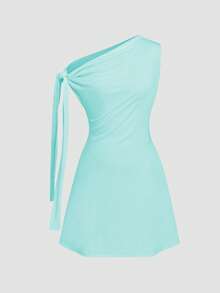 Celisse Vestido corto asimétrico con nudo en la cintura para mujer - Azul - Ver 3