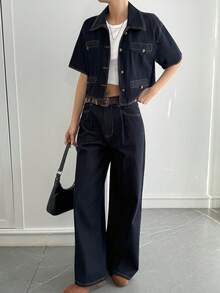 DAZY Women's Casual Denim Short Sleeve Shirt Top And Pants Set - Blue - View 6