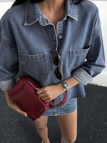 Livesso Women's Casual Denim Jacket With Collar, Autumn/Winter - Blue - View 7