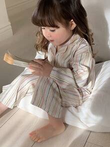 DAZY 女婴/幼儿翻领长袖条纹时尚睡衣 - 杏色 - 查看 1
