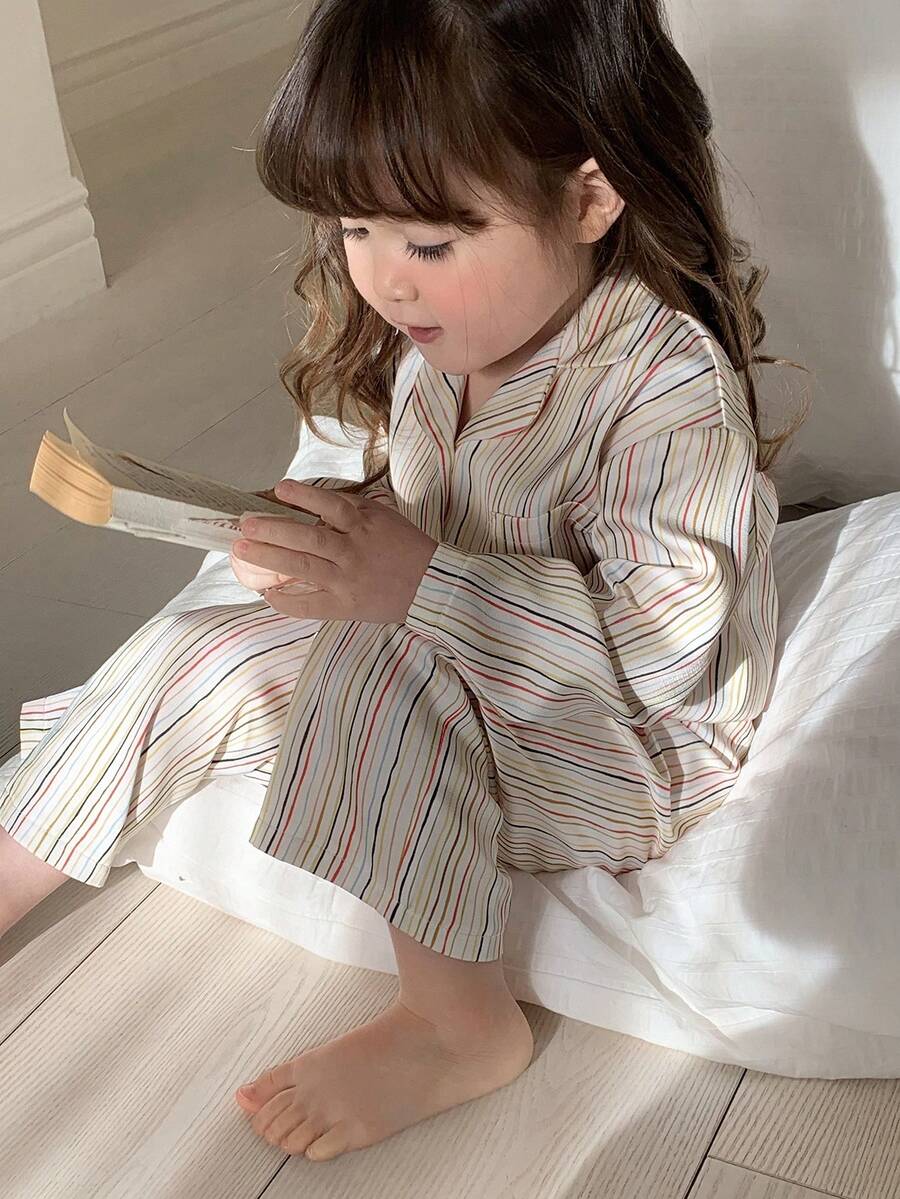 DAZY 女婴/幼儿翻领长袖条纹时尚睡衣 - 杏色 - 查看 1