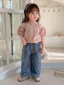 DAZY Toddler Girls' Korean Style Loose Washed Denim With Five-Pointed Star Embroidery - Blue - View 4