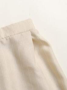 SHEIN Tween Girl Casual Striped Puff Sleeve Button-Up Top And Wide Leg Pants Set, Spring/Summer - Apricot - View 4