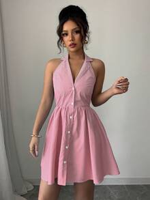 Elenzga Women's Summer Casual Front Button Halter Backless Striped Mini Dress - Red - View 3