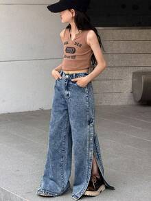 SHEIN Tween Girls' Casual Single-Breasted Pocket Straight-Leg Jeans, Versatile For Daily Wear - Dark Wash - View 6