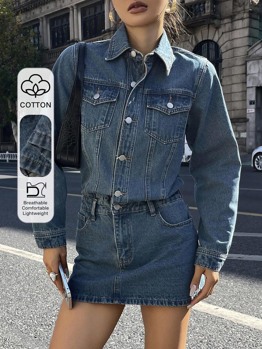 DAZY Polo领长袖连衣裙、高腰牛仔裙、Design Sense修身半身裙、女士牛仔连衣裙 - 中等水洗藍 - 查看 1