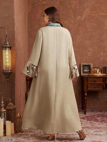Al Najma Robe ample pour femmes grandes tailles, couleur unie, patchwork floral, manches longues, poignets ornés de perles, style décontracté, printemps/automne - Multicolore - Voir 2