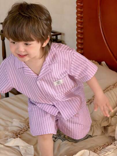 DAZY 两件套幼儿男童条纹领舒适短袖衬衫和短裤睡衣套装