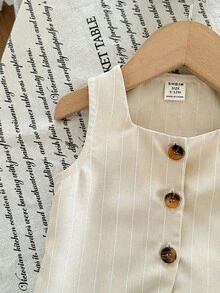 SHEIN Baby Girl Casual Elegant Commute Street Fashion Jacquard Striped Button Front Sleeveless Vest Top And Straight Leg Pants Set - Apricot - View 6