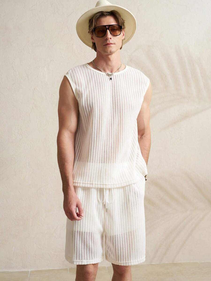 Airaco 男士无袖薄纱休闲短裤套装 - 白色 - 查看 1