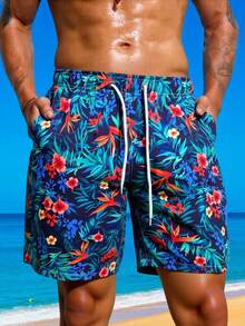 Manfinity Swimmode 男士印花抽绳腰带口袋休闲沙滩短裤，休闲户外沙滩短裤，抽绳腰带，单层无内衬，适合休闲、度假、海滩穿着，夏威夷男士沙滩装，男士印花泳裤，夏威夷男士短裤，男士泳装短裤，男士沙滩短裤 - 彩色 - 查看 3