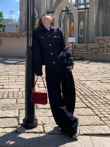 DAZY 女士休闲水洗牛仔衬衫和牛仔裤套装