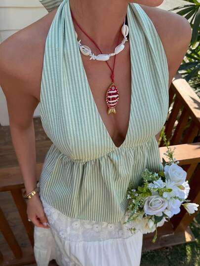 Livesso 女士夏季度假休闲条纹荷叶边吊带背心