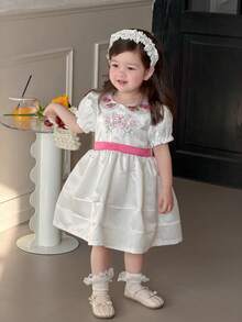 DAZY Baby Girl Summer Cute Vacation Style Floral & Butterfly Embroidery Puff Sleeve Waist Tie Dress - White - View 6