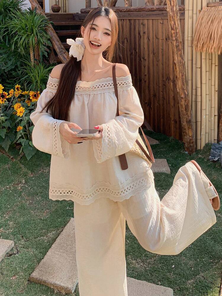 Women's Off-Shoulder Lace Patchwork Long Sleeve Blouse & Casual Solid Color Pants Set, Elegant Style, Spring/Summer Boho