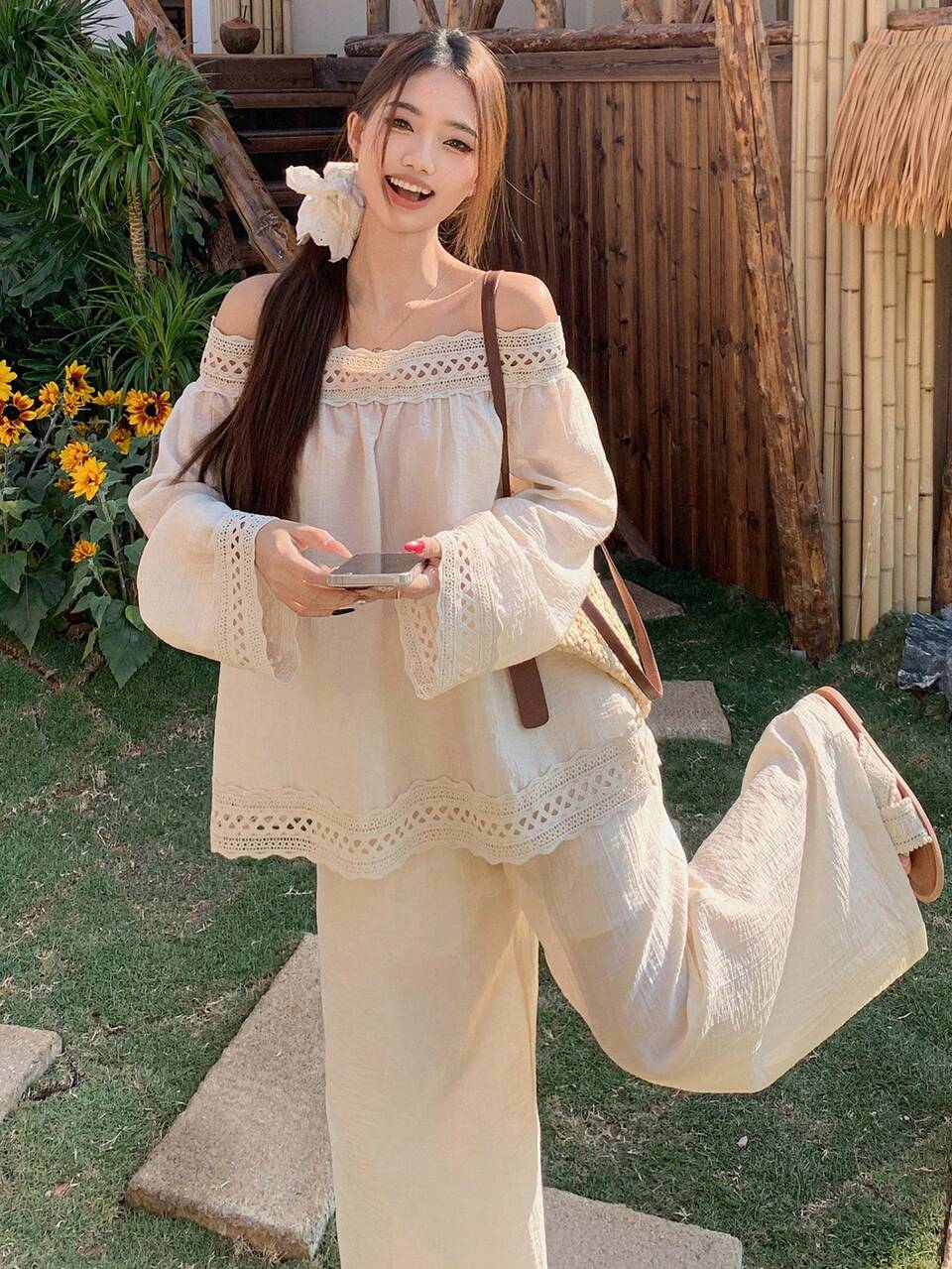 Women's Off-Shoulder Lace Patchwork Long Sleeve Blouse & Casual Solid Color Pants Set, Elegant Style, Spring/Summer Boho Vacation Outfits Women