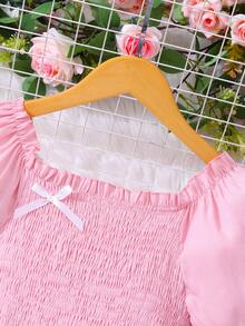 SHEIN 少女纯色泡泡袖蝴蝶结休闲夏日连衣裙 - 粉色 - 查看 4