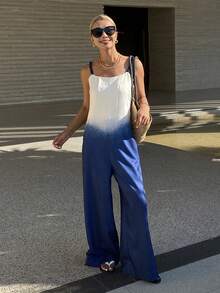 DAZY Bộ jumpsuit dáng rộng ombre cho nữ, quần ống rộng, quần thường ngày thoải mái cho kỳ nghỉ xuân/hè. - Màu xanh lam - Xem 6