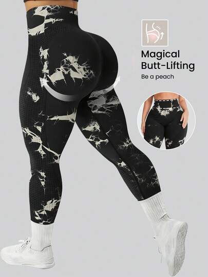 Rhythm Era 1件装女士加大码黑色扎染瑜伽裤，无缝针织舒适弹力高腰紧身裤，适合跑步、骑行、健身、户外和休闲穿着