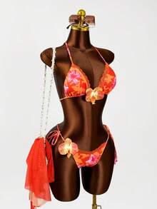 Zestiva Conjunto de bikini de 3 piezas con estampado floral naranja sexy, recorte de encaje 3D para playa/piscina en verano - Naranja - Ver 2