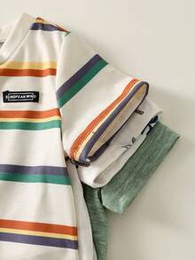 SHEIN 6件套男婴夏季休闲度假热带植物条纹上衣T恤搭配同款短裤基础套装，适合夏季外出穿着 - 彩色 - 查看 5