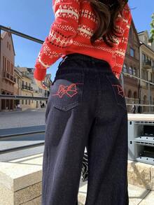 DAZY 女士/女孩休闲蝴蝶结刺绣水洗牛仔裤 - 藍色 - 查看 8