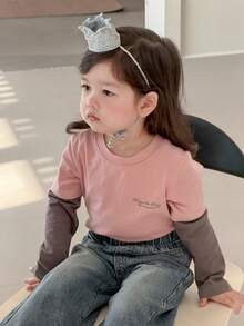 DAZY Baby Girls Round Neck Contrast Color 2 In 1 Long Sleeve Top Toddler Girls Clothes - Pink - View 5